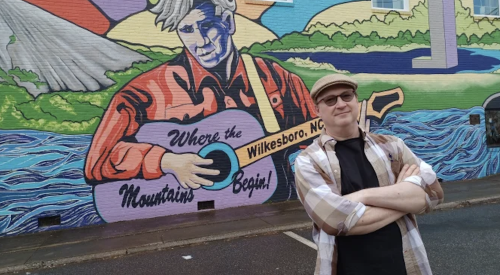 Author Eddie Huffman and Doc Watson Mural in Wilkesboro